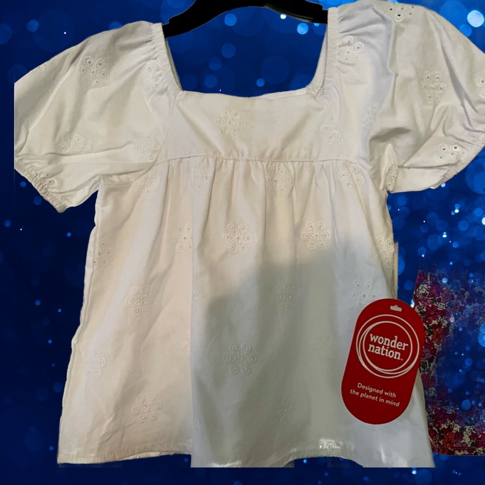 NWT Girls 3T Eyelet White Cotton Summer Blouse Top Puffed Sleeves